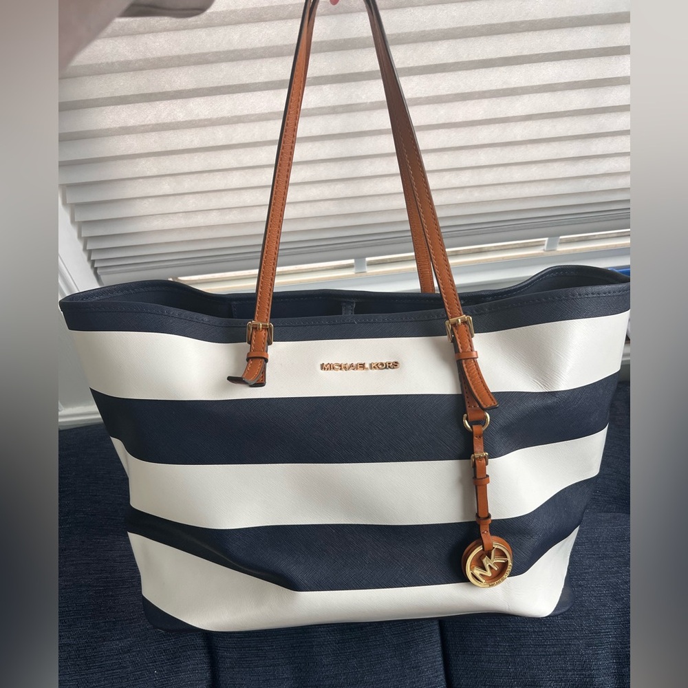 Michael Kors Large Striped Tote Bag Navy/White Leather with Brown Handles